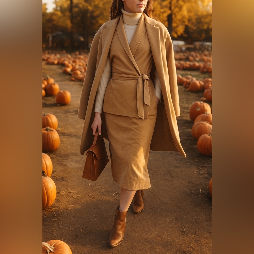 RONA New York camel faux-suede 2-piece set – wrap shawl-collar top + midi skirt